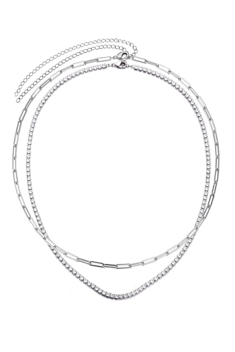 Set of 2 Paper Clip & Tennis Necklaces, Alternate, color, SILVER