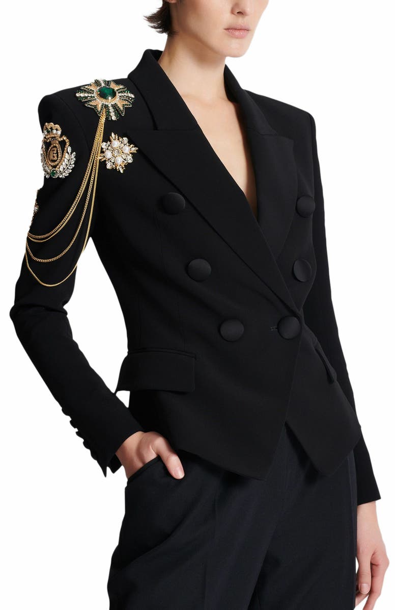 Balmain Crepe 6-Button Jacket With Embroidered Patches, Alternate, color, Black