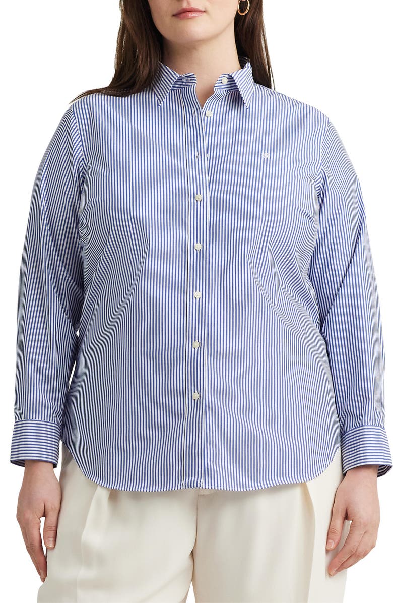Lauren Ralph Lauren Stripe Easy Care Cotton Button-Up Shirt, Main, color, Blue/ White
