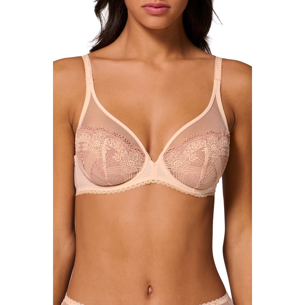 Simone Perele Allure Sheer Plunge Full Coverage Underwire Bra In Chic Beige