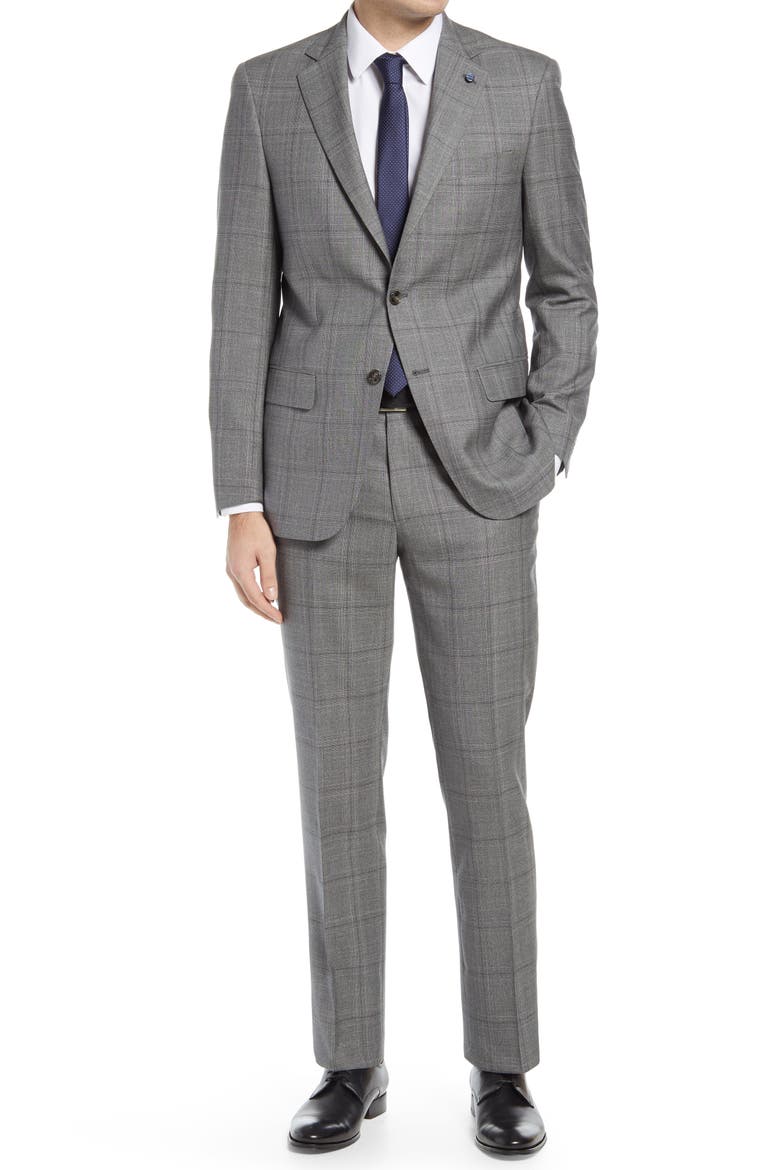 New York Plaid Windowpane Plaid Suit, Main, color, GREY