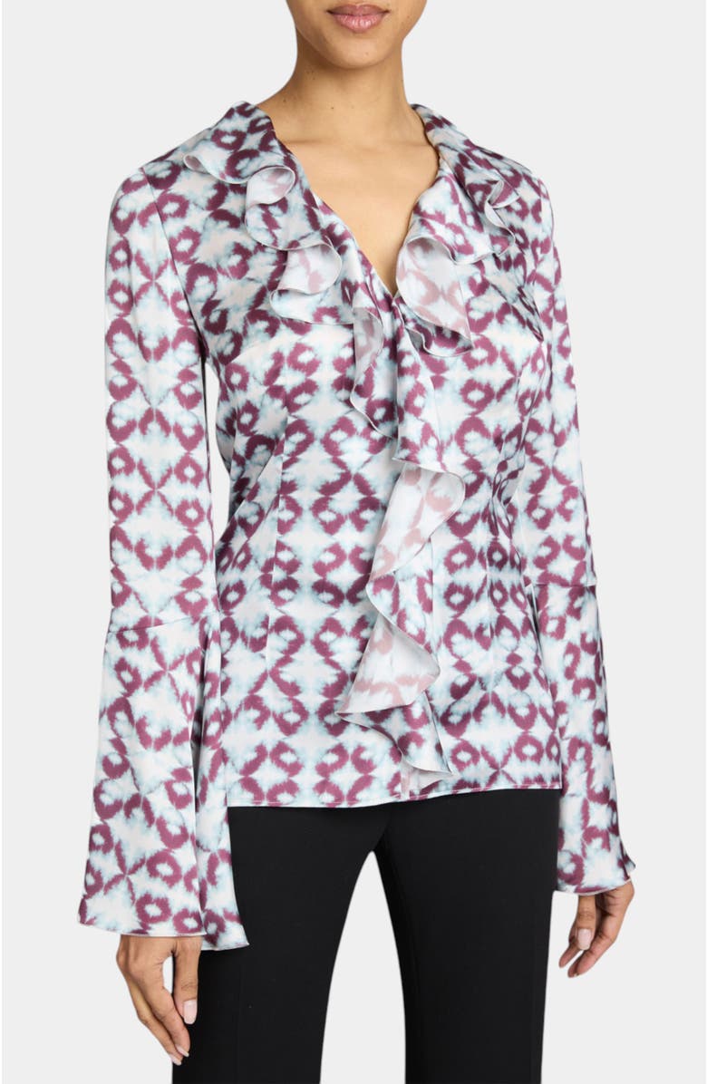 Santorelli SYDNEY Long Sleeve Button Down Blouse with Ruffles in Graphic Printed Charmeuse, Alternate, color, Ocean Mist