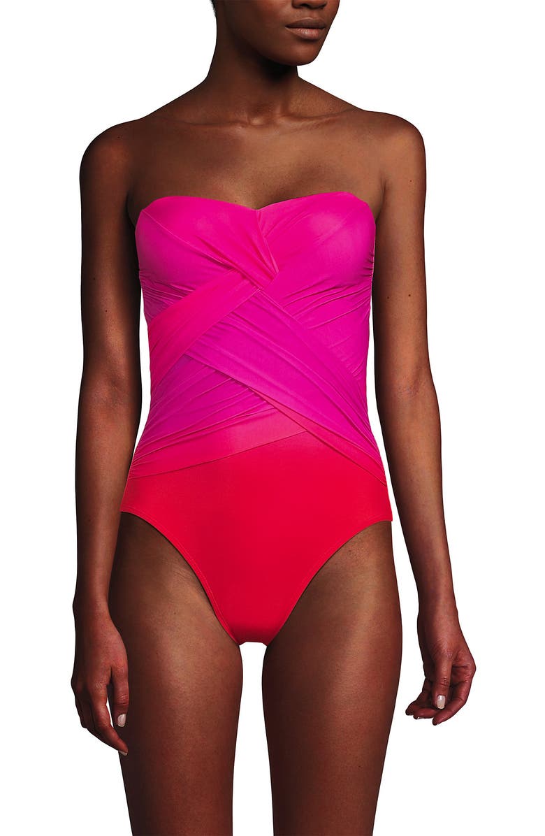 Lands' End Slender Suit Shine Bandeau Tummy Control Chlorine Resistant High Leg One Piece Swimsuit, Alternate, color, Pink Multi Ombre