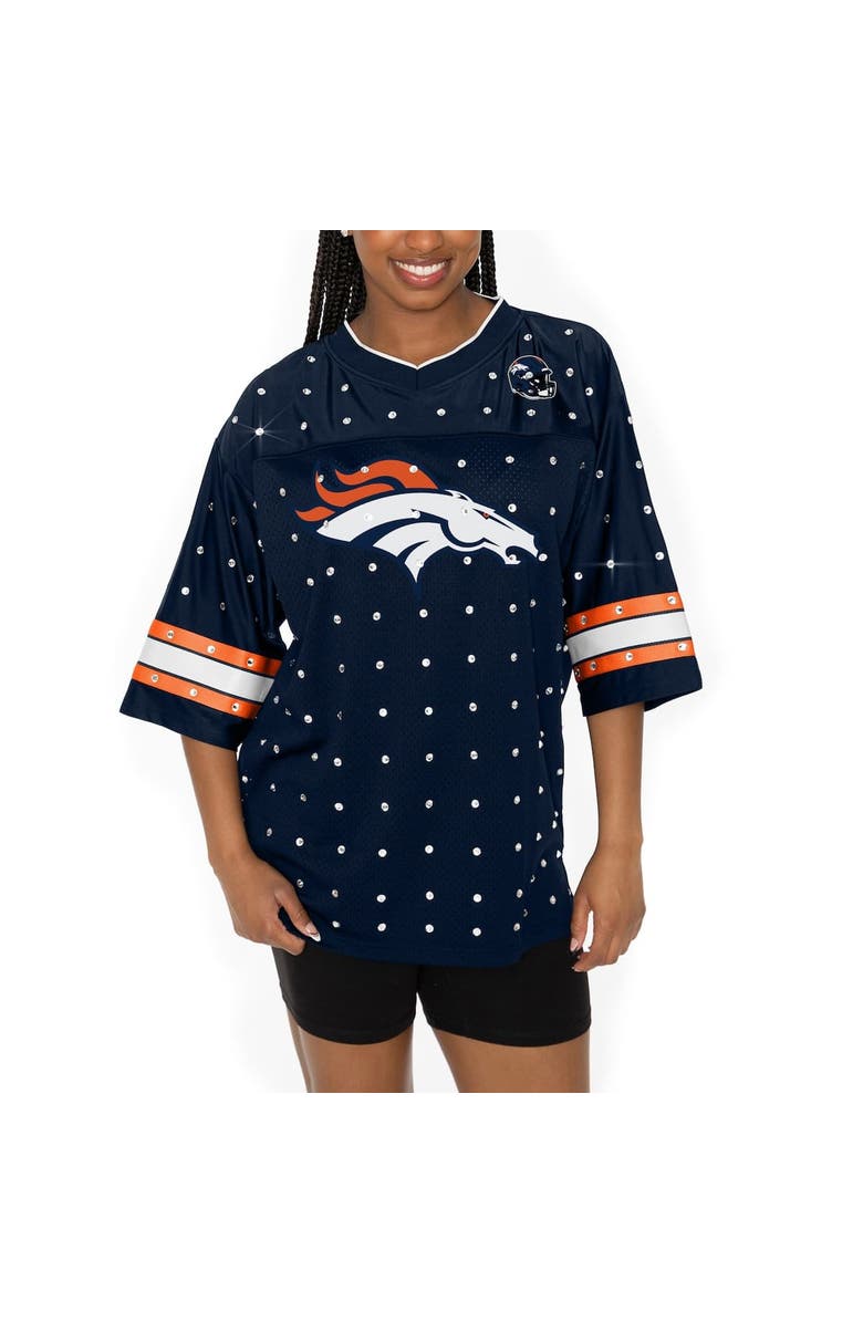 GAMEDAY COUTURE Women's Gameday Couture Navy Denver Broncos Kickoff Time Allover Rhinestone Sports Stripe Jersey V-Neck T-Shirt, Main, color, 