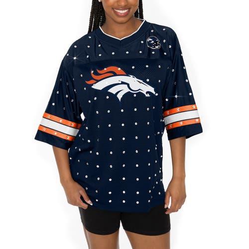 Gameday Couture Navy Denver Broncos Kickoff Time Allover Rhinestone Sports Stripe Jersey V-neck T-sh In Blue