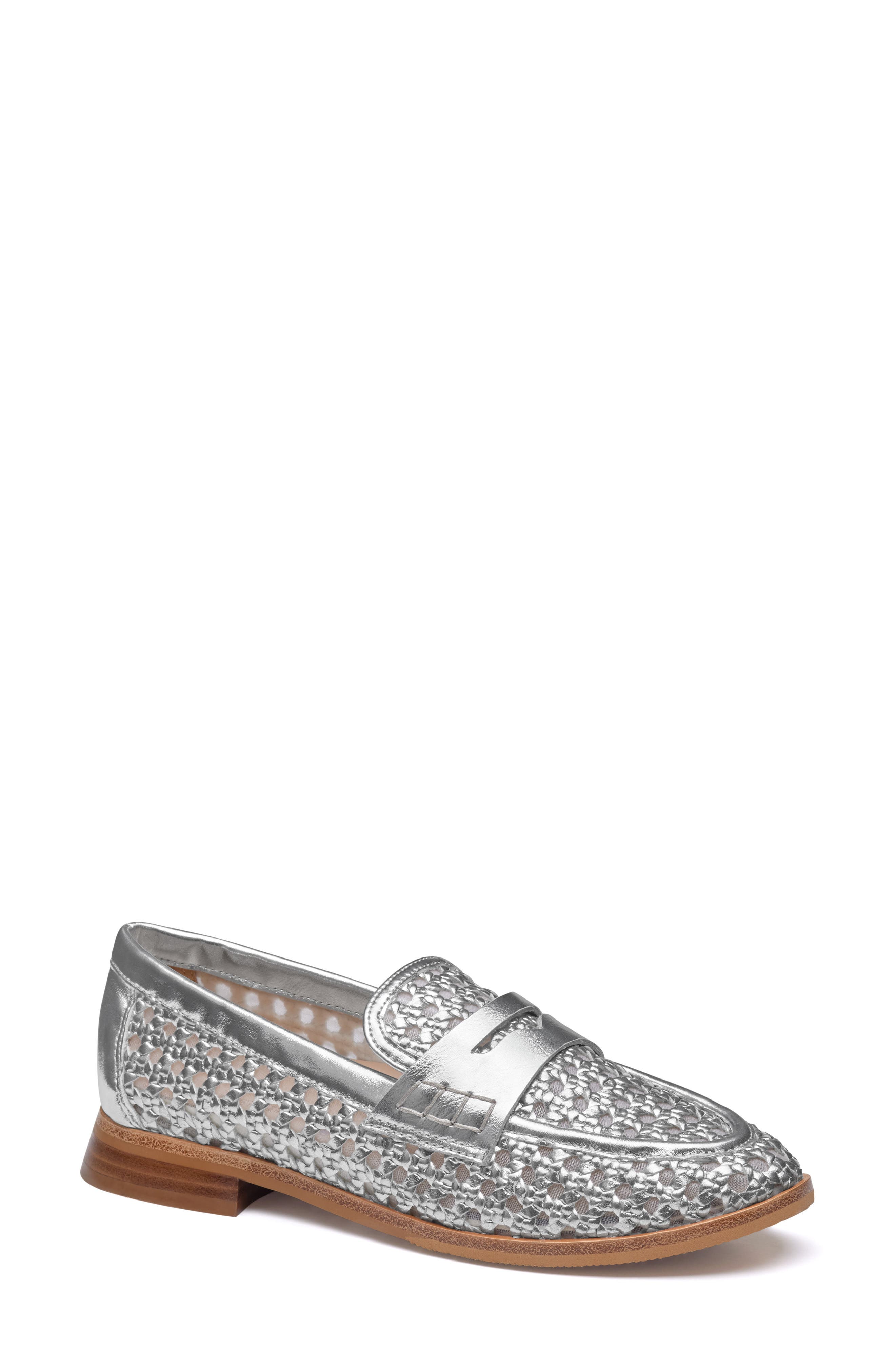 Johnston 
Murphy Gillian Woven Penny Loafer, Main, color, Silver Metallic Faux Leather