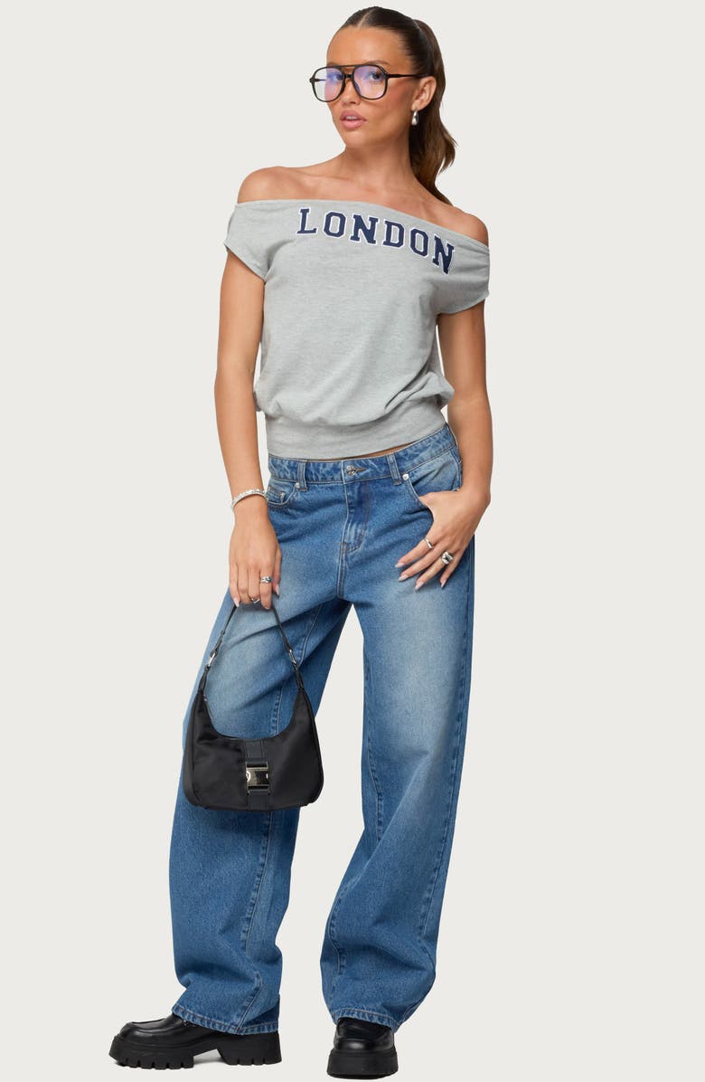 EDIKTED So London Off the Shoulder Stretch Cotton T-Shirt, Alternate, color, Gray-Melange