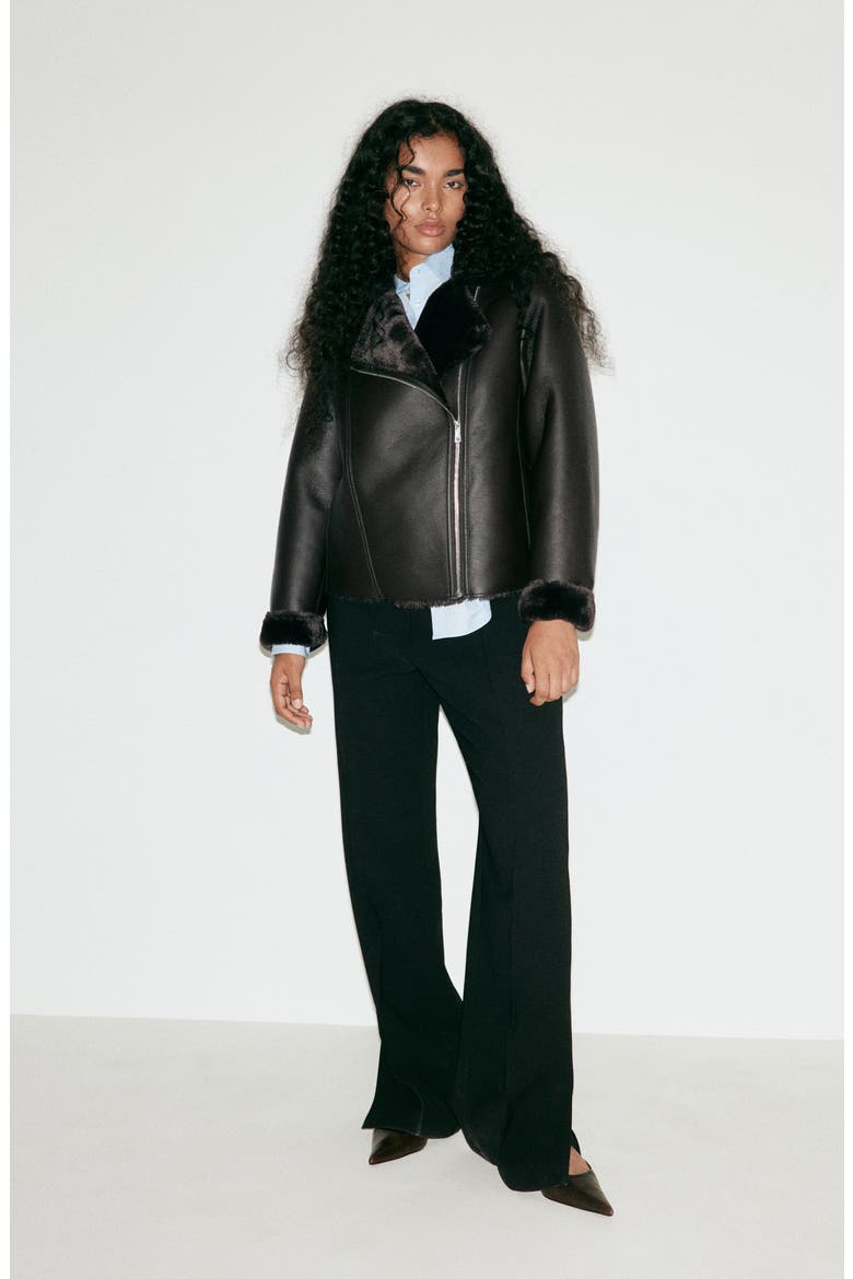 Faux Leather & Faux Fur Moto Jacket, Alternate, color, CHOCOLATE
