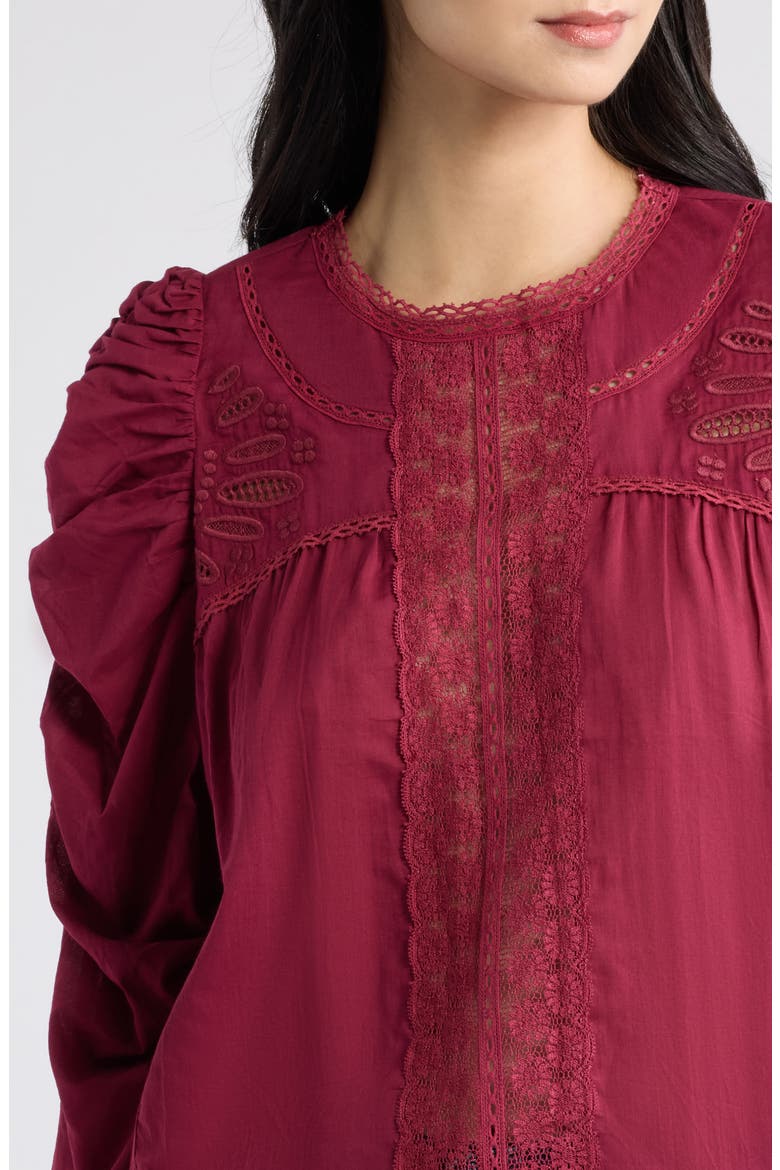 Puff Sleeve Lace Detail Cotton Top, Alternate, color, BURGUNDY