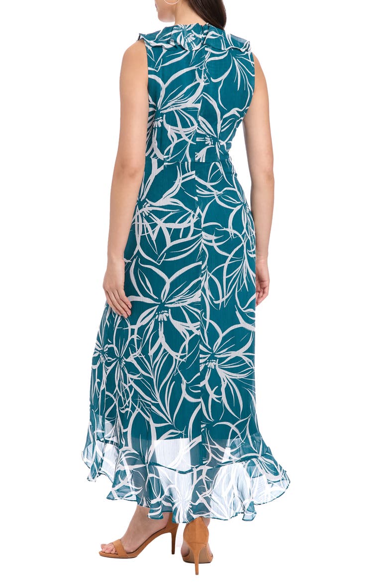 Ruffle Sleeveless Faux Wrap Dress, Alternate, color, DARK TEAL/ WHITE