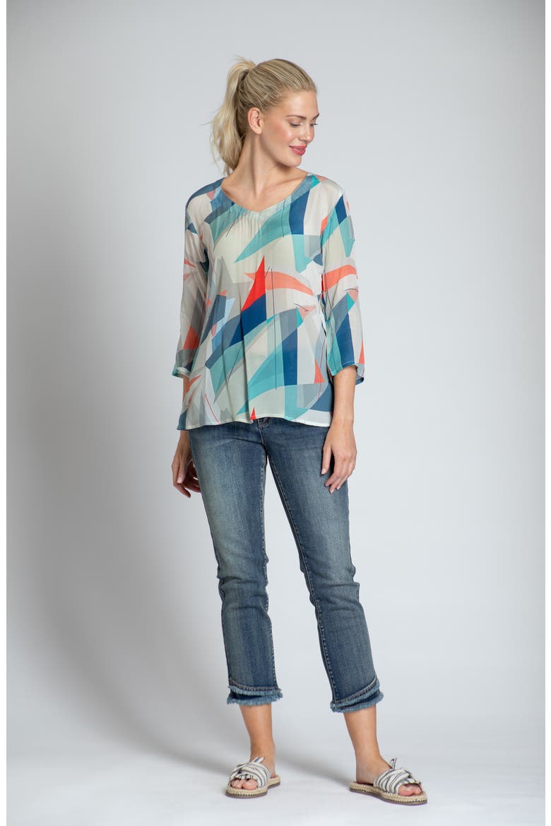 Print V-Neck Three-Quarter-Sleeve Chiffon Top, Alternate, color, GREEN MULTI