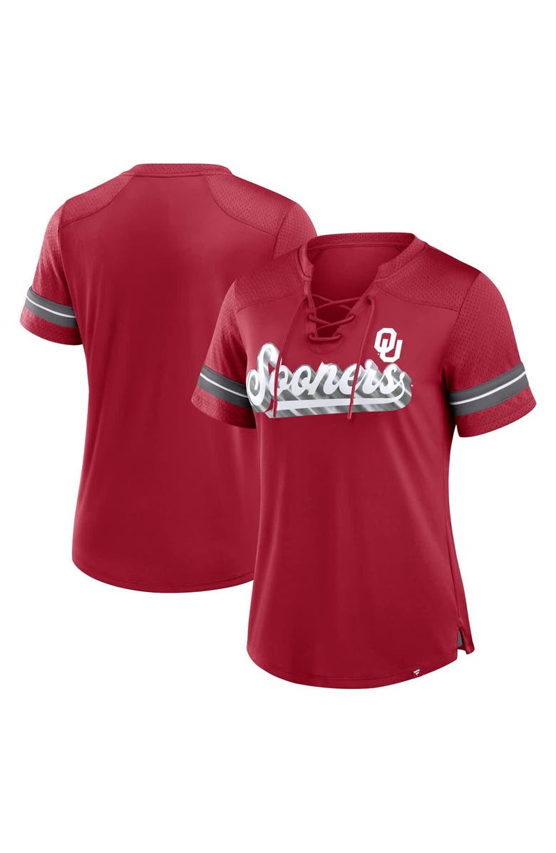 FANATICS Women's Fanatics Crimson Oklahoma Sooners Fundamental Overtime Readiness Athena Lace-Up V-Neck T-Shirt, Main, color, Crimson