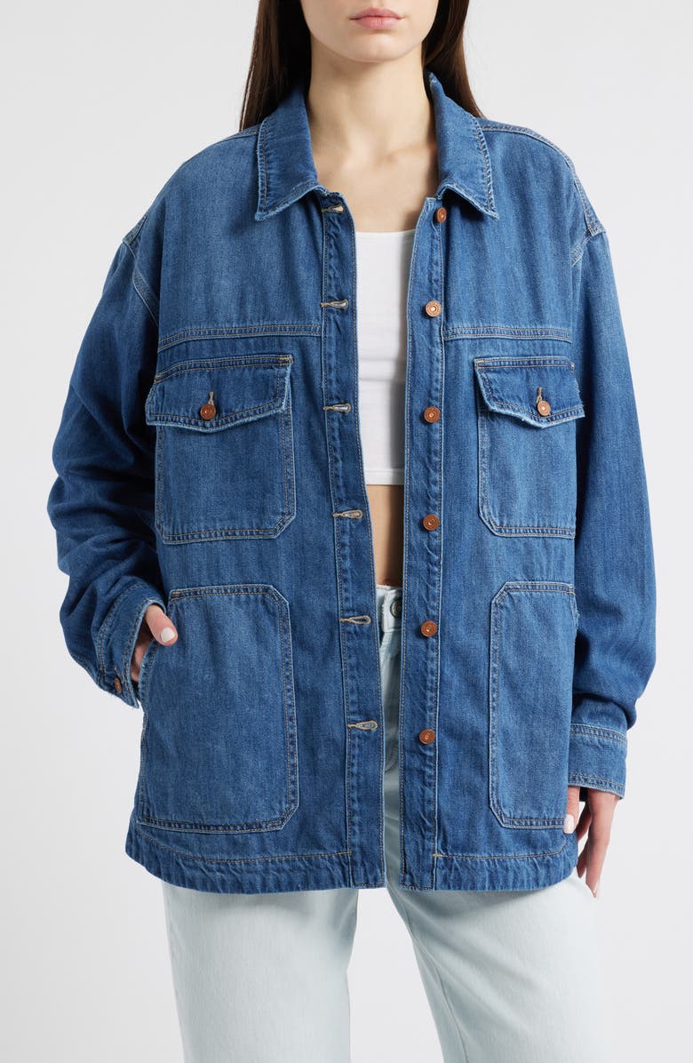 HIDDEN JEANS Oversize Cotton Blend Denim Shirt, Main, color, Medium Wash