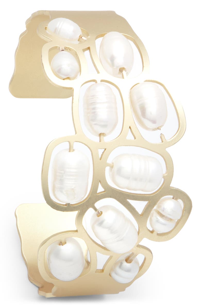 SAACHI Faux Pearled Cut Out Waved Cuff Bracelet, Main, color, Gold