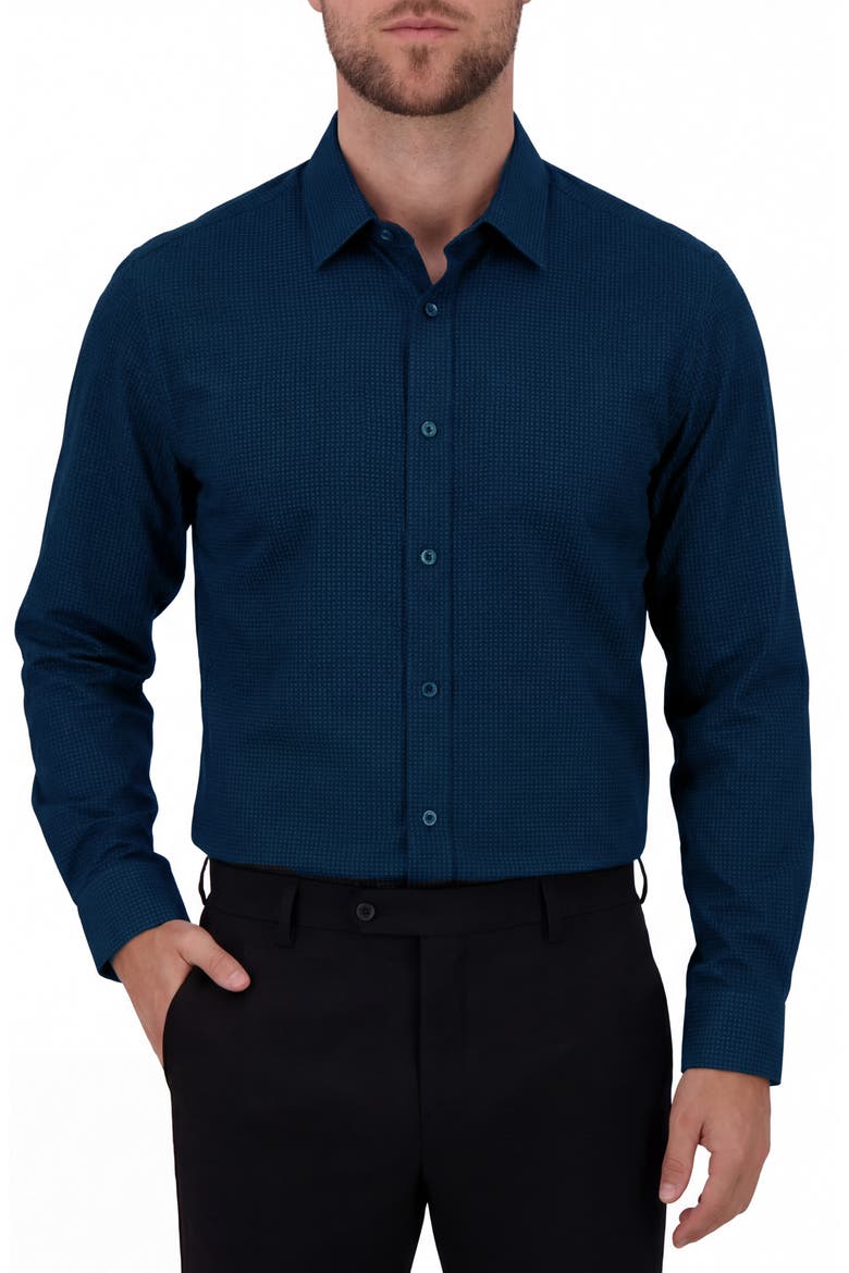 Regular Fit Box Print 4-Way Stretch Button-Up Shirt, Main, color, NAVY