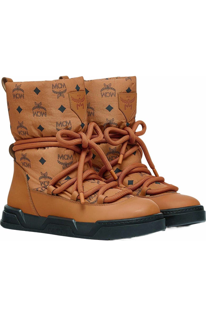 MCM Skyward Ankle Boots in Padded Monogram Nylon, Main, color, Cognac