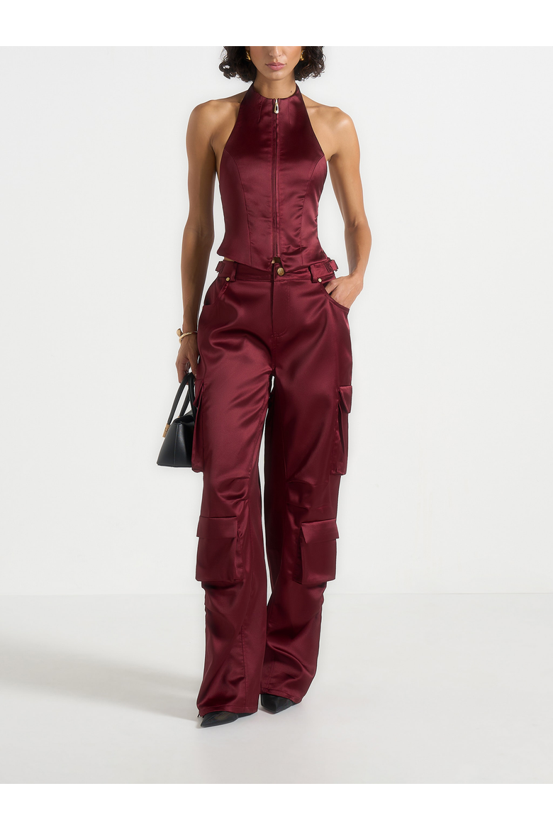 Emilie High Rise Satin Cargo Trousers, Main, color, Wine Red
