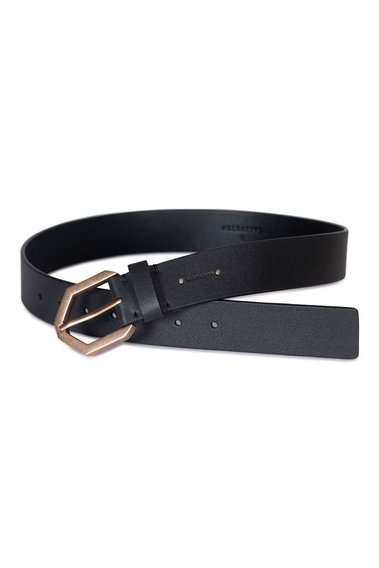 Tia Hex Leather Belt, Main, color, BLACK / BRASS