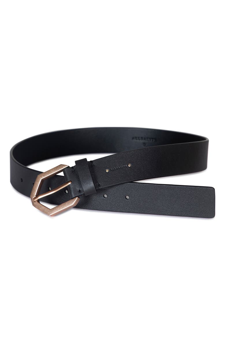 AllSaints Tia Hex Leather Belt, Main, color, Black / Brass