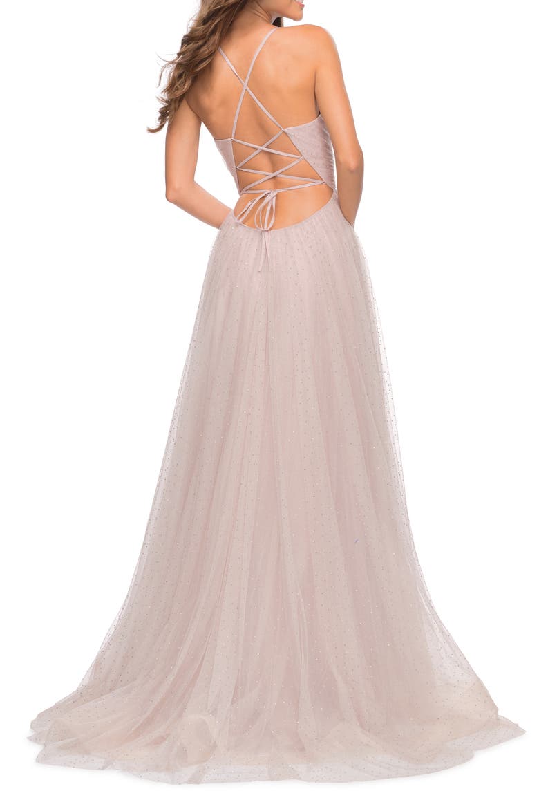 Rhinestone Tulle Ballgown with Slit and Lace Up Back, Alternate, color, Mauve
