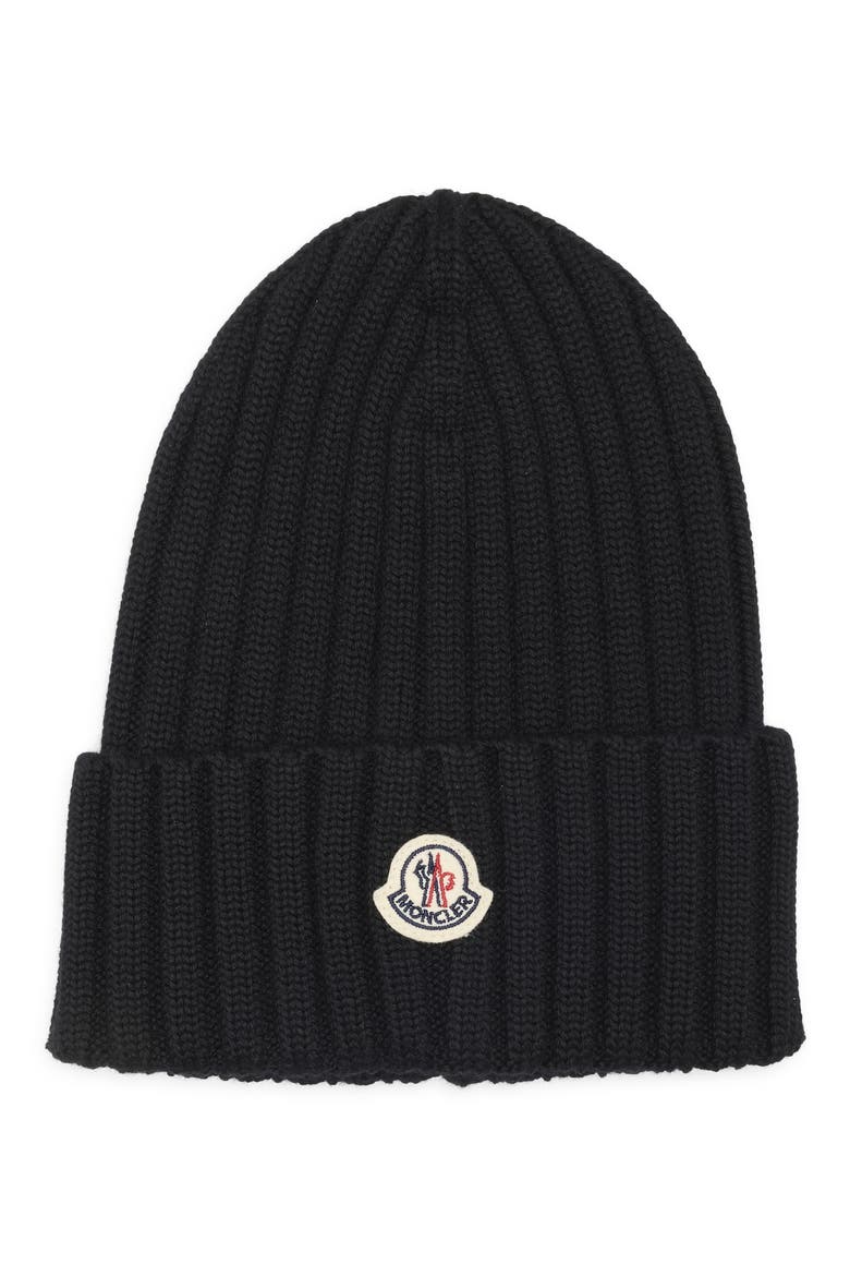Logo Patch Rib Wool Beanie, Main, color, BLACK