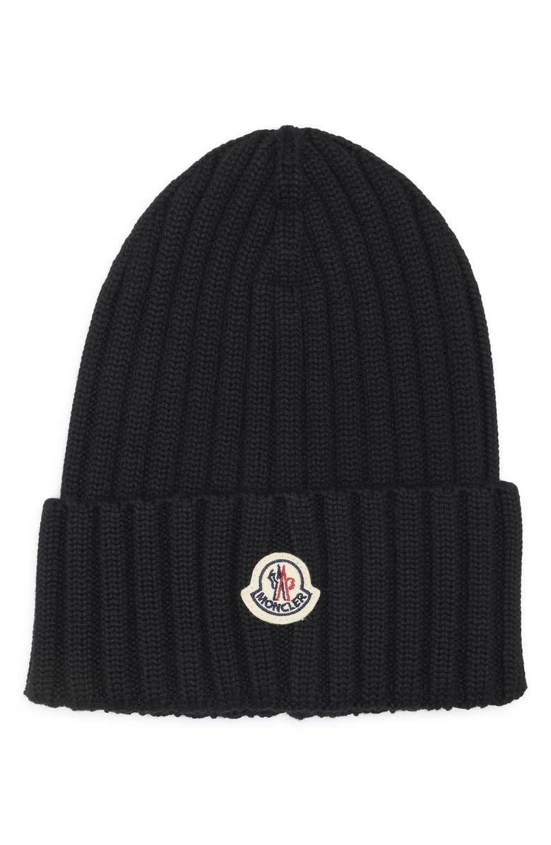 Moncler Logo Patch Rib Wool Beanie, Main, color, Black