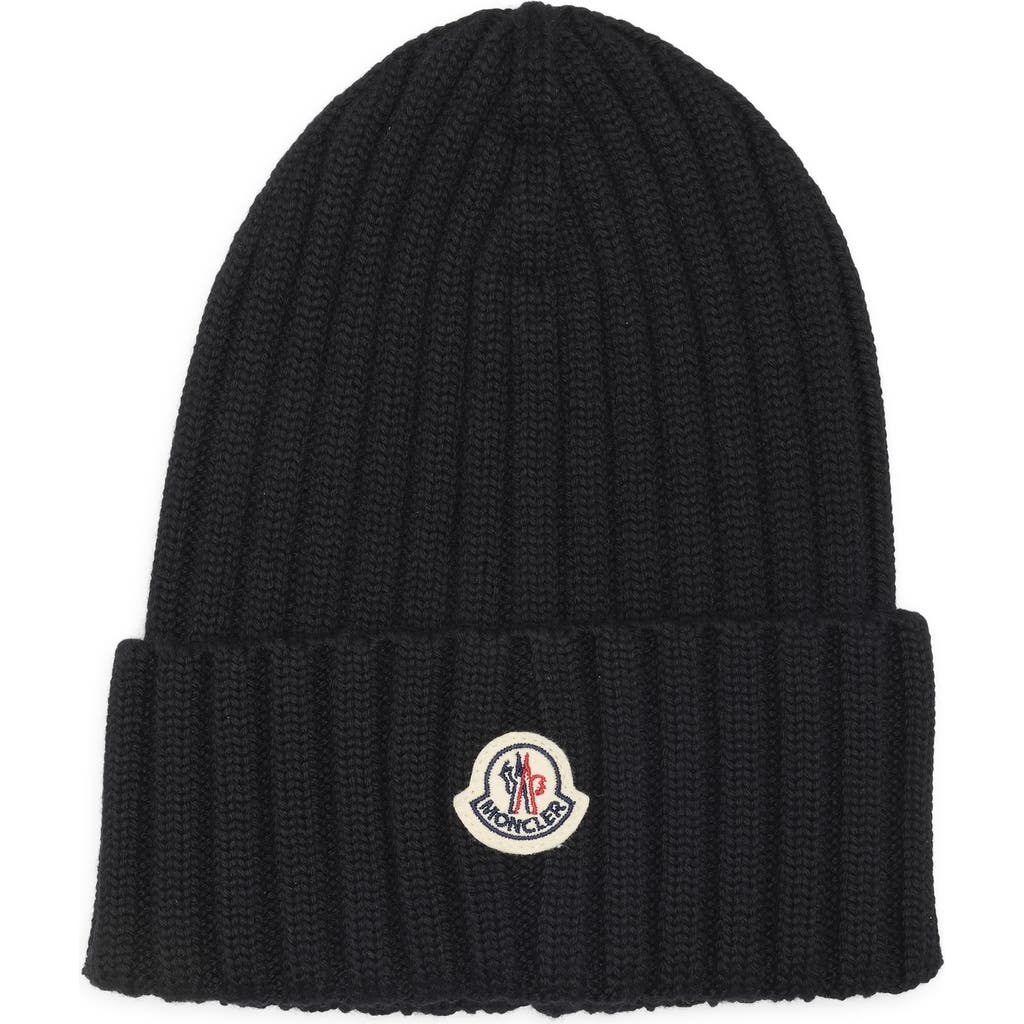 Moncler Logo Patch Rib Wool Beanie In Black
