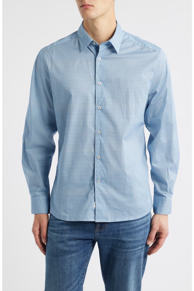 Drury Modern Fit Microgeometric Print Stretch Cotton Button-Up Shirt, Main, color, BLUE