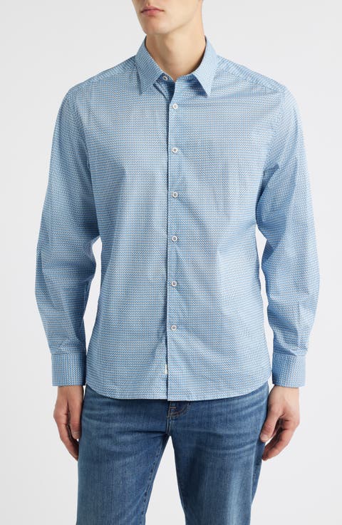 Drury Trim Fit Microgeometric Print Stretch Cotton Button-Up Shirt