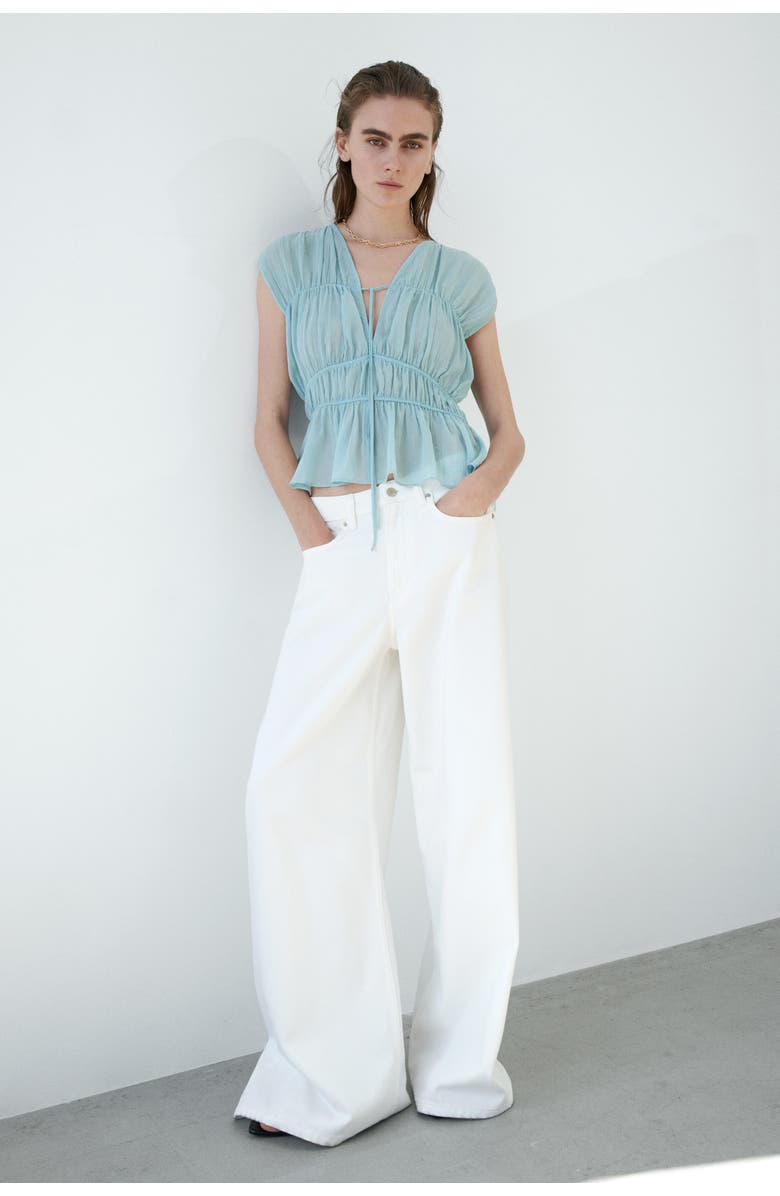 H&M Ruched Cotton Blouse, Alternate, color, Light Turquoise