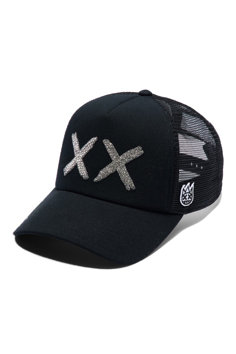XX Crystal Embellished Trucker Hat, Main, color, BLACK/ WHITE