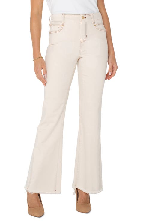 Gia Glider Frayed Pull-On Flare Jeans (Seaside Dunes)