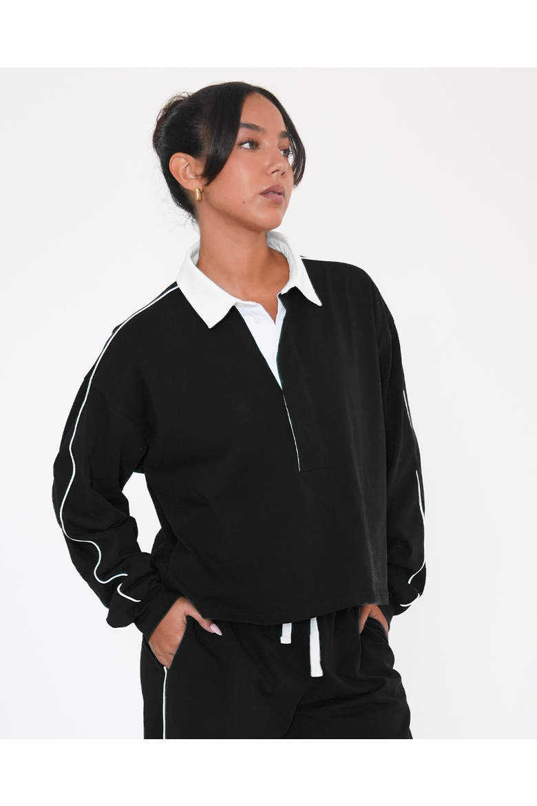 Rugby Piping Relaxed Polo Top, Alternate, color, Black/White