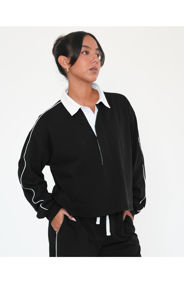 Rebody Active Rugby Piping Relaxed Polo Top, Alternate, color, Black/White