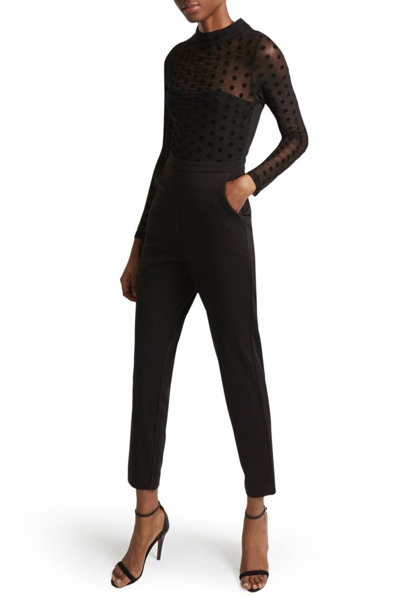 Leah Mesh & Jersey Jumpsuit, Main, color, BLACK