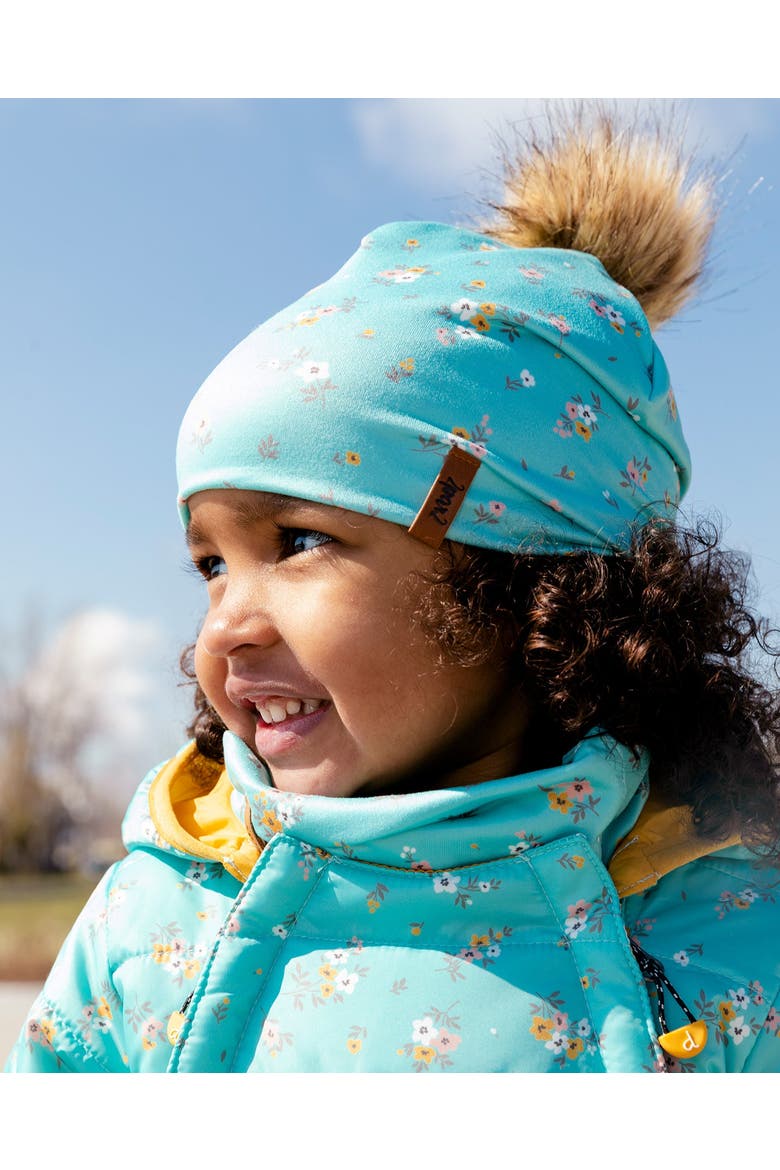 Baby Girl's Detachable Pompom Hat Blue Little Flowers Print, Alternate, color, Blue Little Flowers Print
