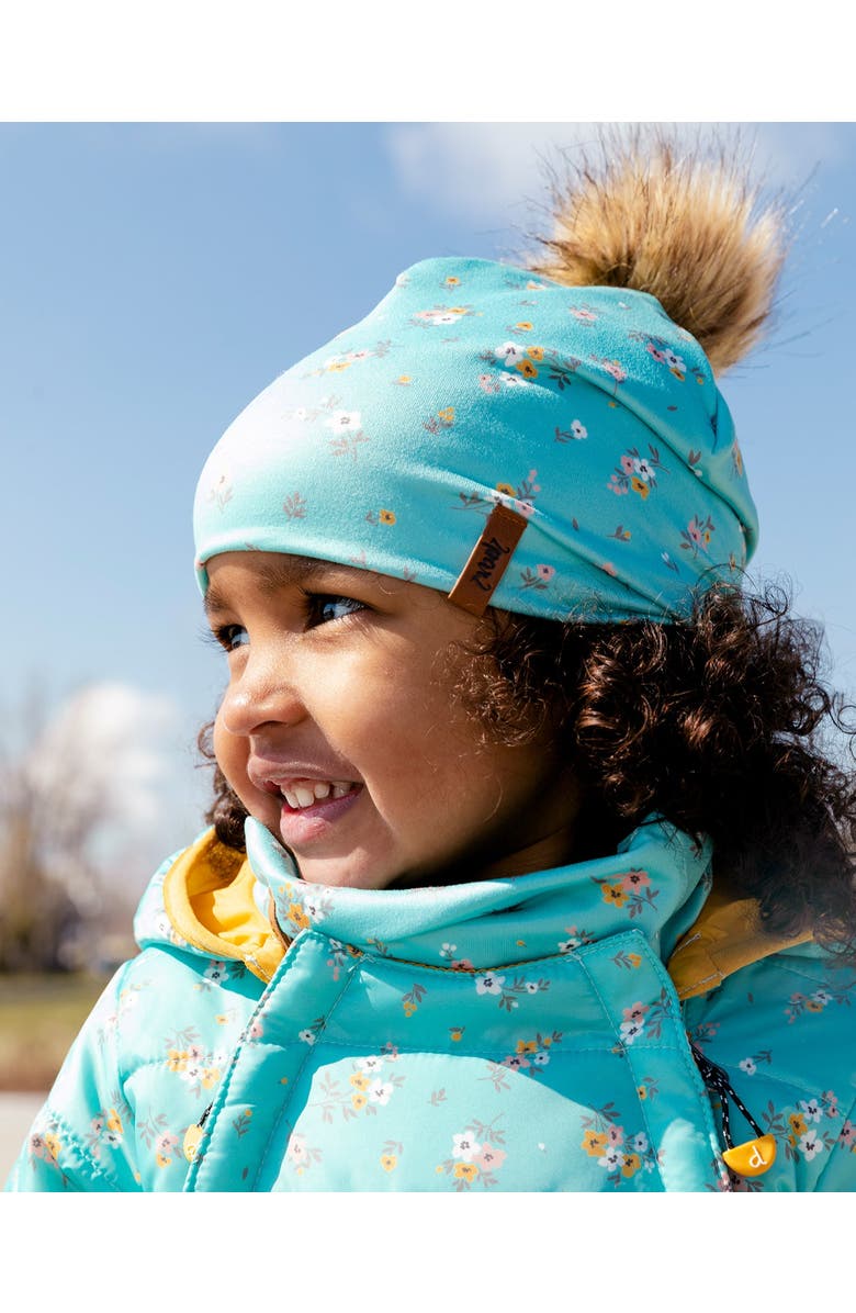 Deux par Deux Baby Girl's Detachable Pompom Hat Blue Little Flowers Print, Alternate, color,