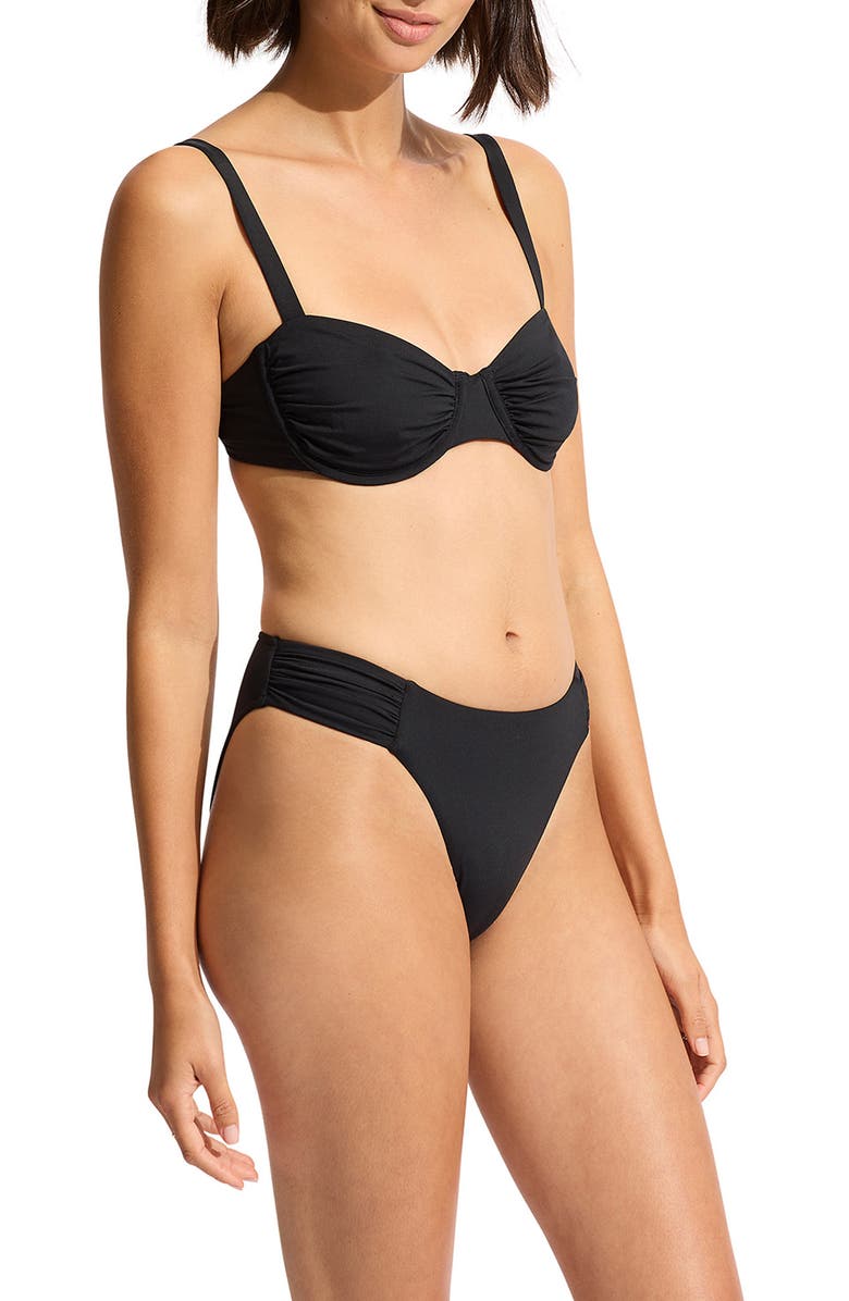 Seafolly Ruched High Cut Bikini Bottoms, Alternate, color, Black