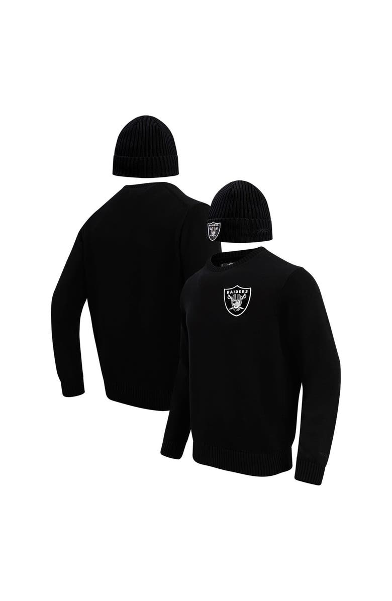 PRO STANDARD Men's Pro Standard Black Las Vegas Raiders Crewneck Pullover Sweater & Cuffed Knit Hat Box Gift Set, Main, color, Black