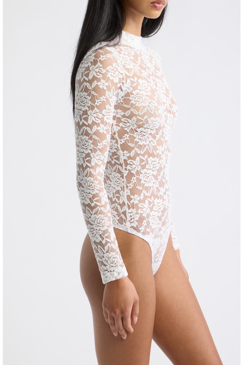 Mock Neck Sheer Lace Bodysuit, Alternate, color, WHITE