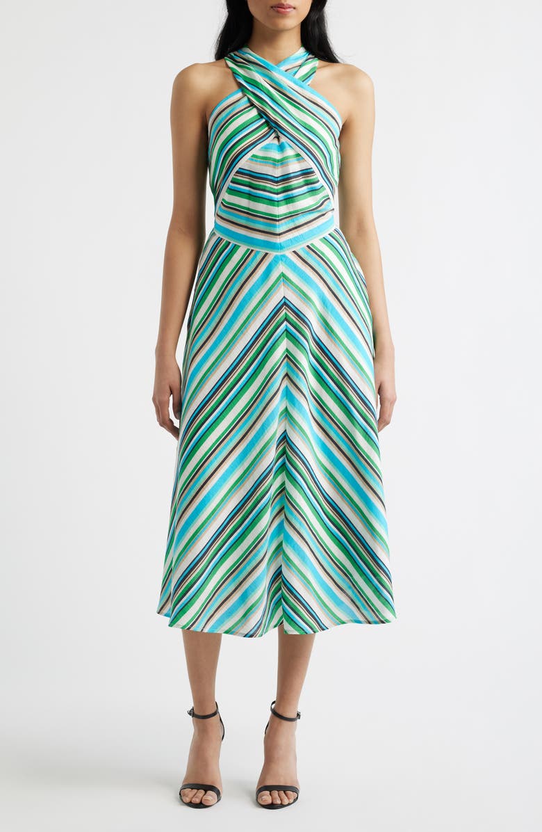 Tahari ASL Stripe Cross Neck Midi Dress, Main, color, Parakeet Multi