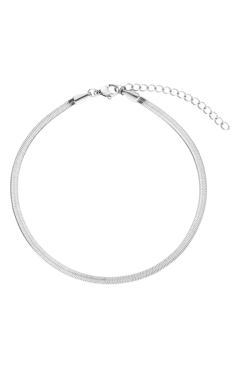 Adornia Tarnish Resistant Herringbone Chain Anklet, Main, color, Silver