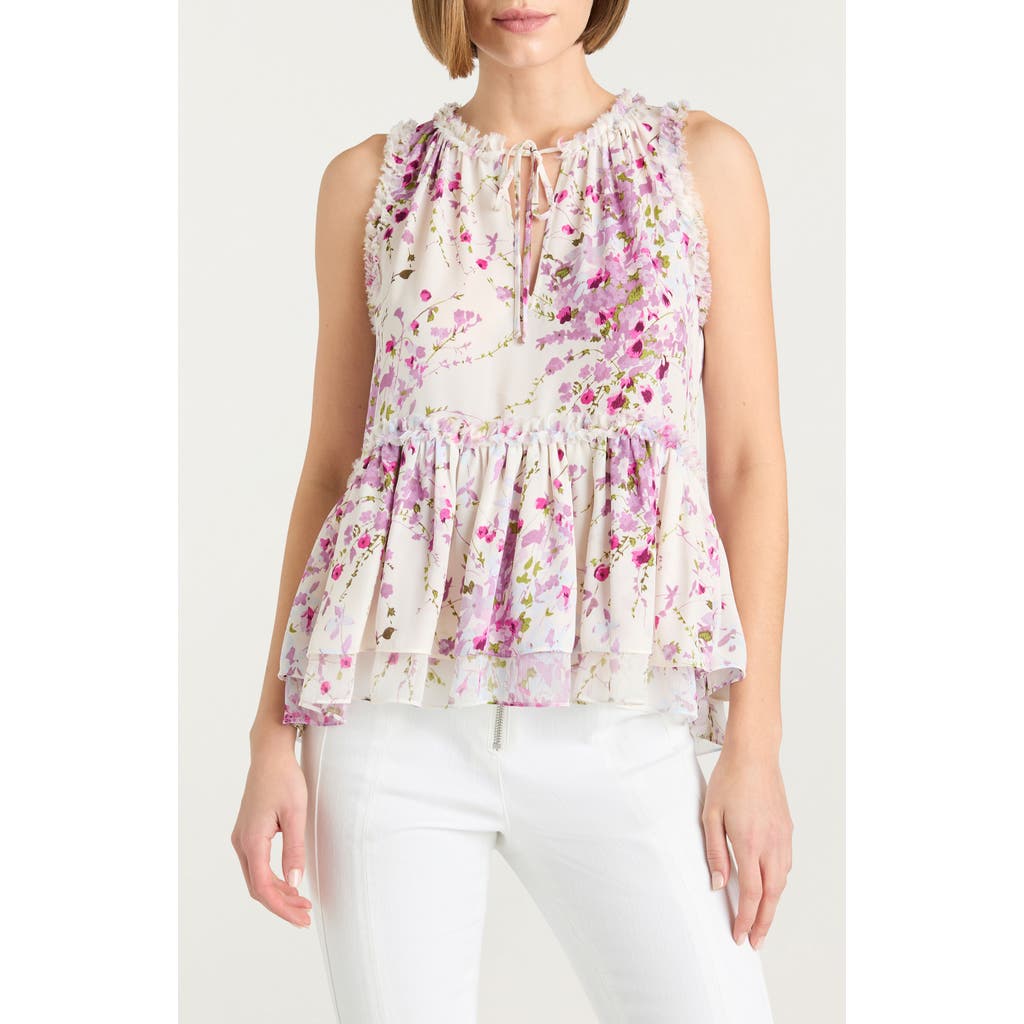 Cinq À Sept Midsummer Bloom Messina Sleeveless Peplum Top In Ivory Multi