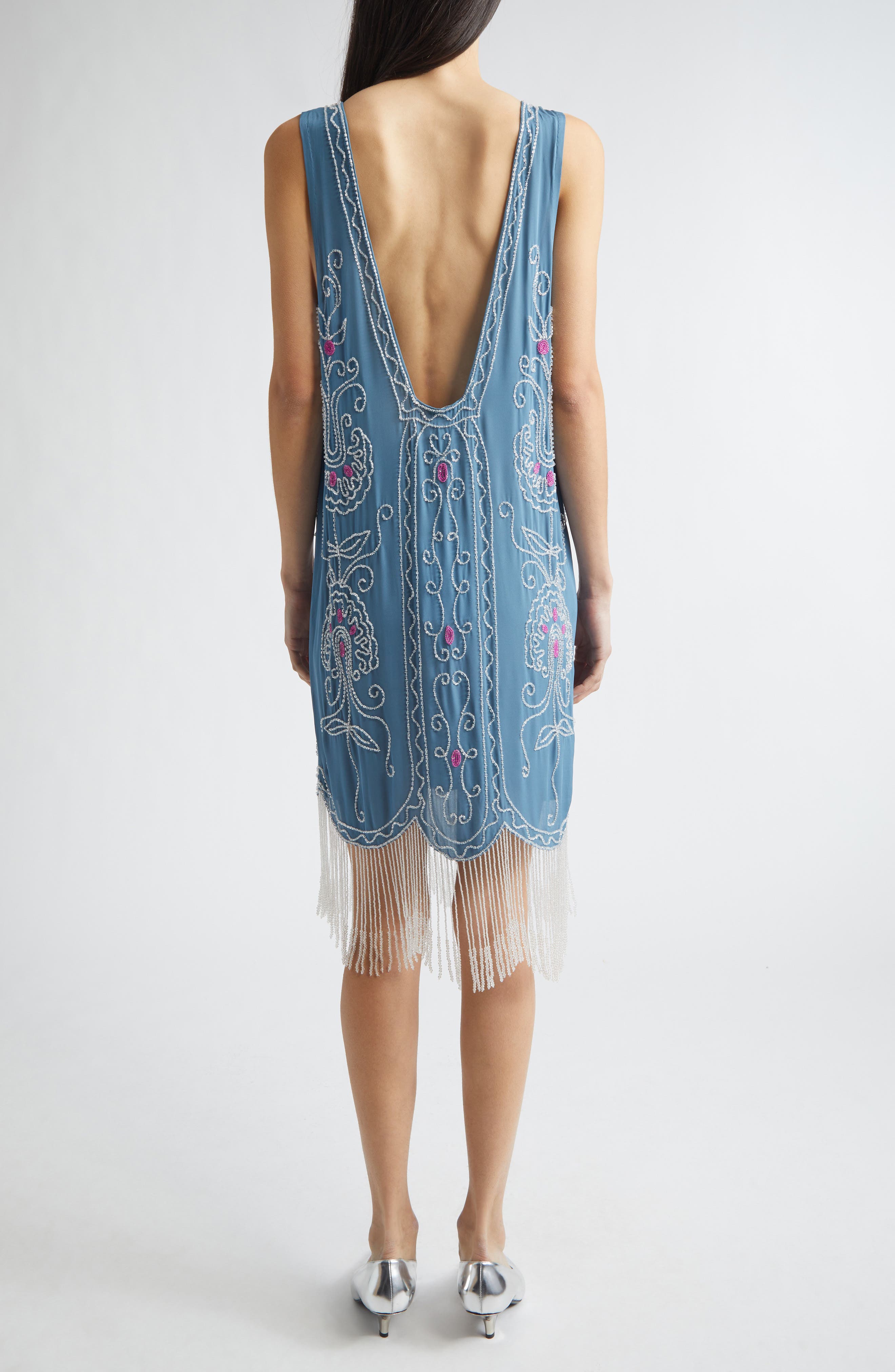Sea Flower Beaded Fringe Silk Dress - image 2