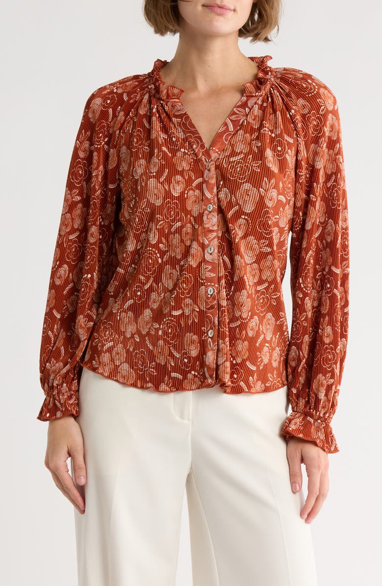 CHENAULT Long Sleeve Ruffle Neck Print Bodre Top, Main, color, Rust