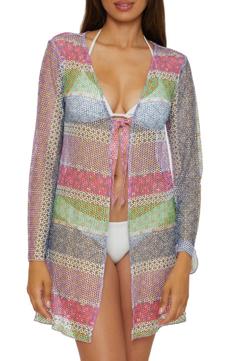 Tie Front Long Sleeve Sheer Mesh Cover-Up