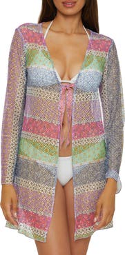 Becca Tie Front Long Sleeve Sheer Mesh Cover-Up