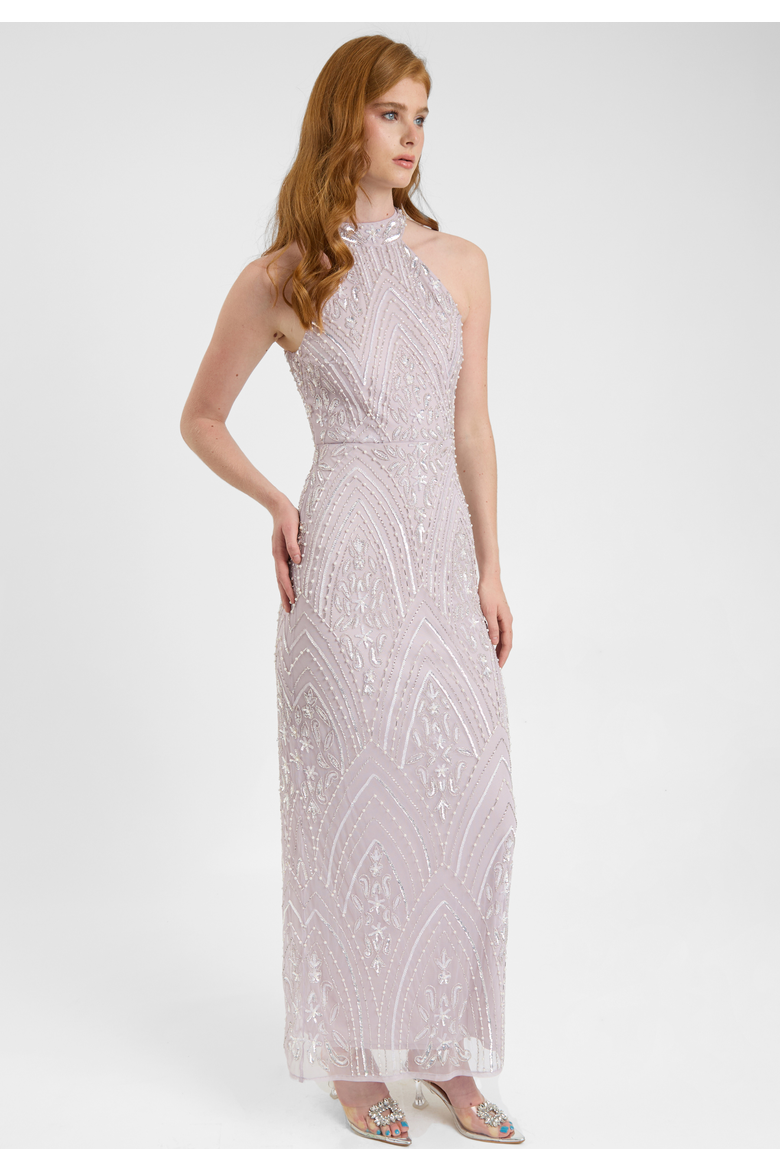 Embellished Sequin Beaded Maxi Dress With Halter Neck, Alternate, color, LILAC