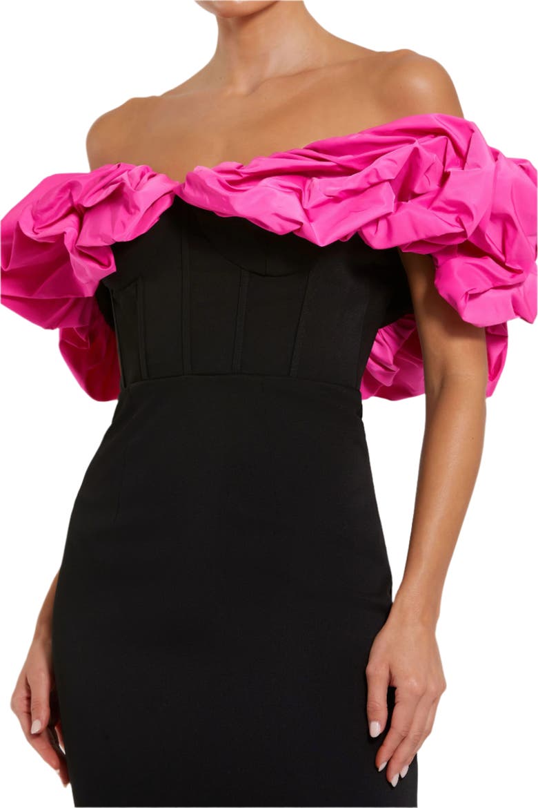 Crepe & Faille Off The Shoulder Gown, Alternate, color, Black Hot Pink