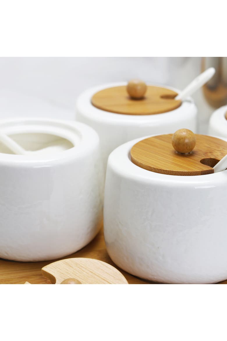 Ceramic Spice Jars with Wood Lids & Serving Spoons, Alternate, color, White